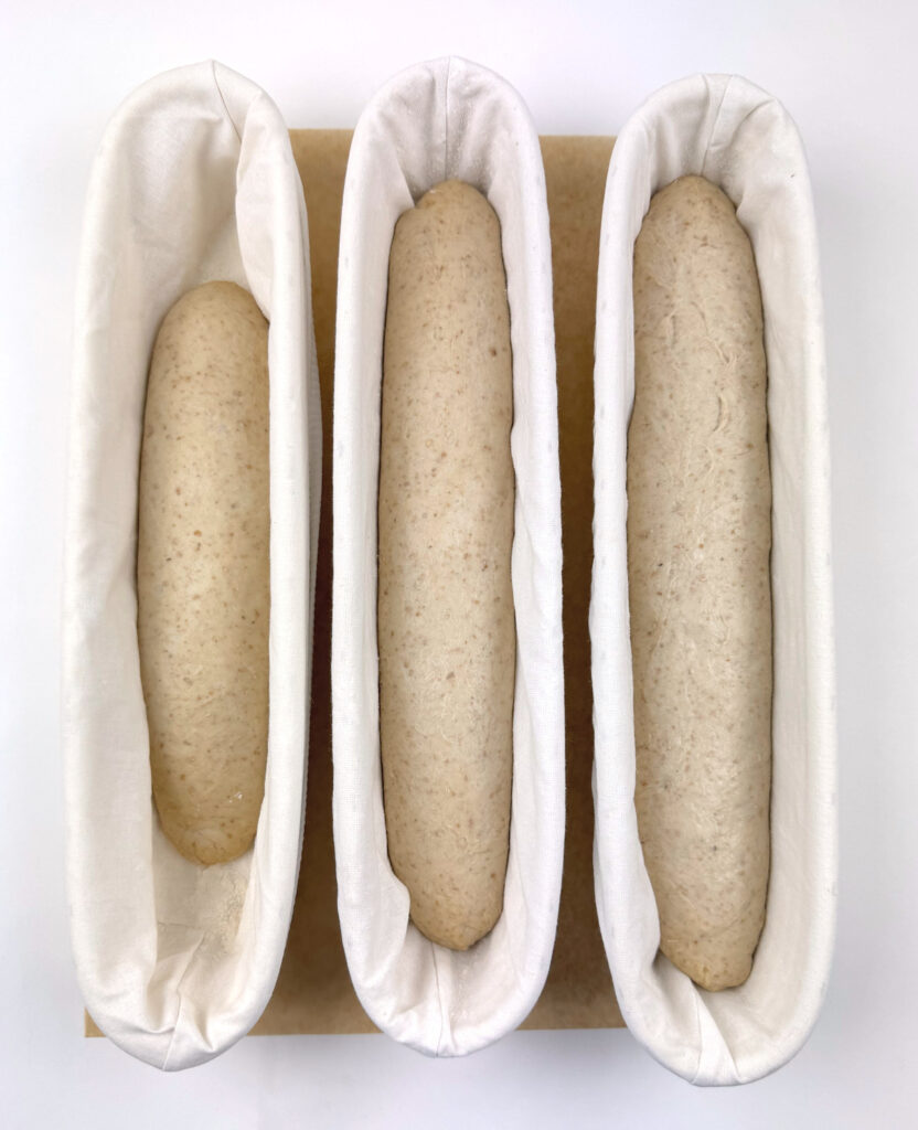 Three lined 15-inch proofing baskets holding shaped dough in three sizes, from a short loaf to one filling the basket.
