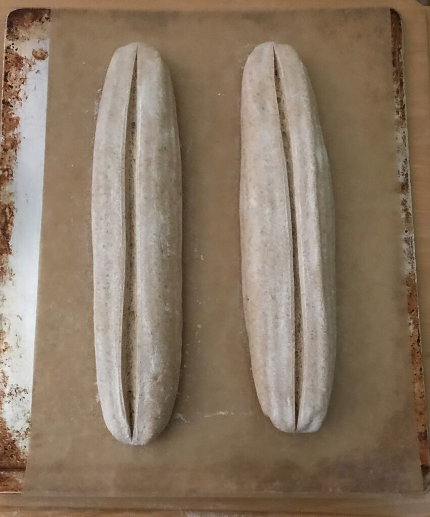 Baguette-Style Sourdough Milk Bread on a baking sheet lined with parchment