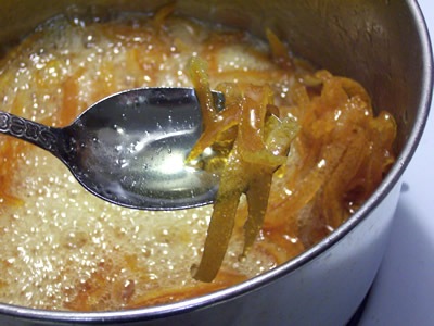 Candied Orange Peel boiling in Pot