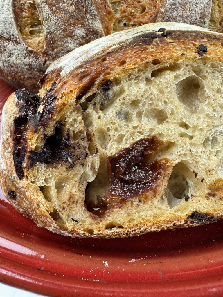 Crumb shot of Chocolate Cherry Sourdough