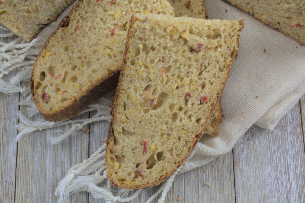 Close up shot of sourdough pimento cheese loaf