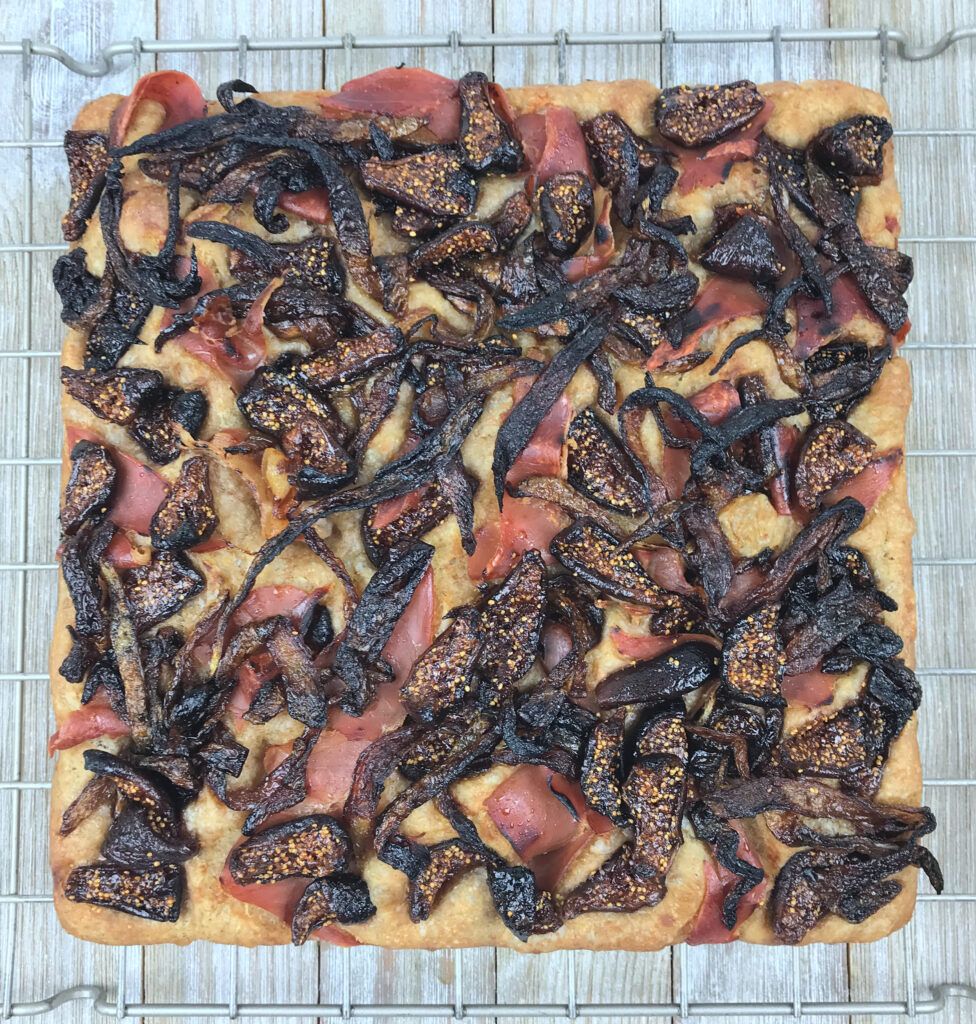 Fig Yeast Water Focaccia with Figs, Caramelized Onions, Prosciutto, and Sea Salt