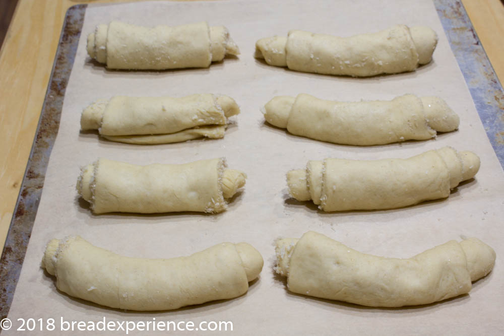 Eight rolled dough logs arranged on parchment paper ready to proof.
