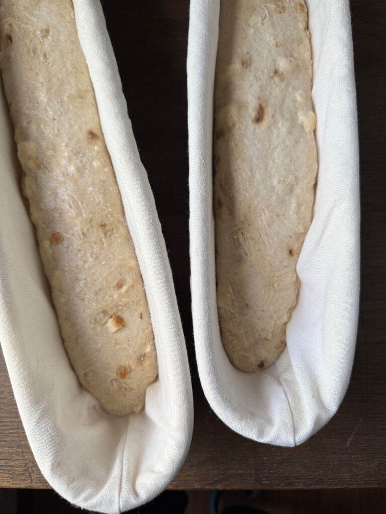 Caramelized Onion & Gruyère Baguettes proofing in 15 inch baguette banneton proofing baskets