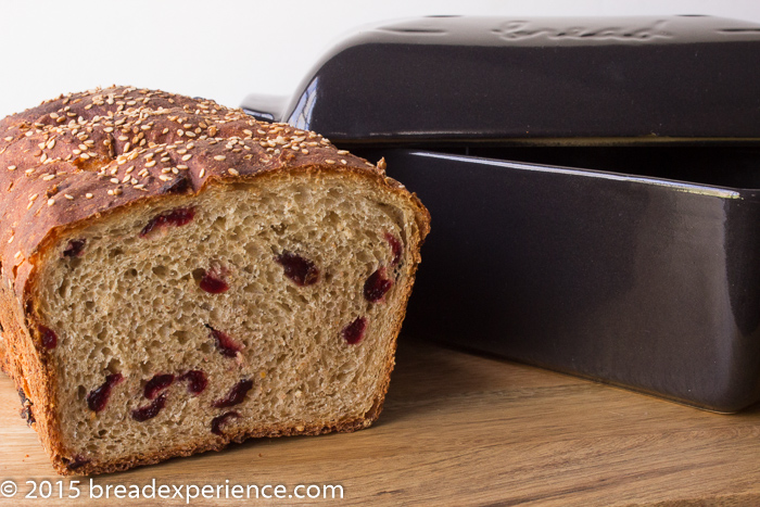 Cranberry Sesame Spelt Sandwich Loaf baked in Emile Henry Loaf Baker