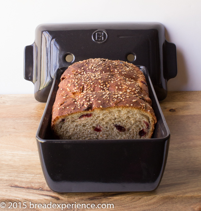 Cranberry Sesame Spelt Sandwich Loaf inside the Emile Henry Loaf Baker