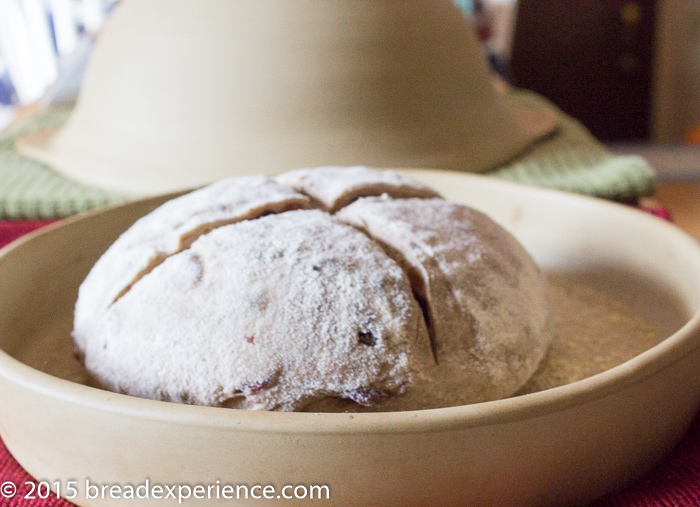 cranberry sourdough rye baked in an Emerson Creek Pottery Cloche