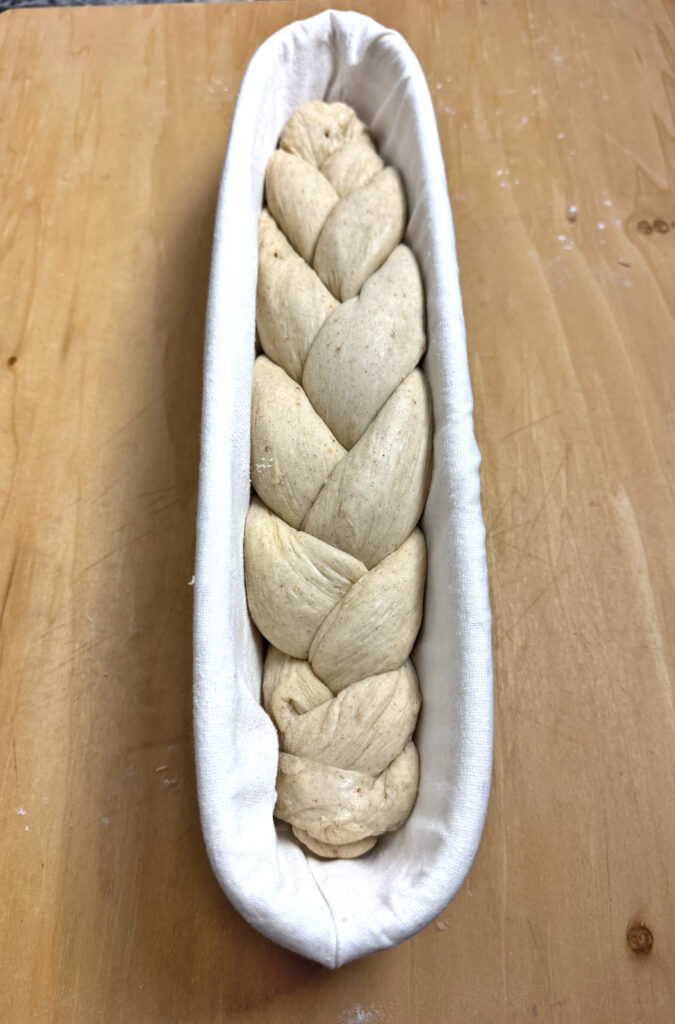 Finnish Pulla Braid proofing in a long banneton proofing basket