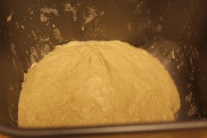 mixed dough in bread maker pan