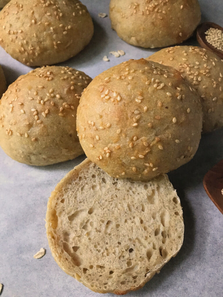 Oatmeal Buns sliced and ready for filling