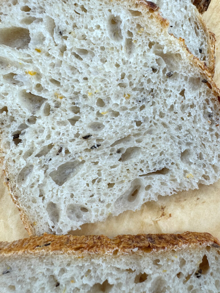 Crumb shot of Orange Zest Sourdough Boule with specs of orange zest and caraway seeds sprinkled throughout