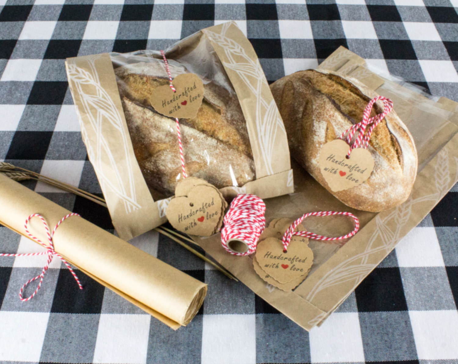 Oval Batards in Bread Bags with Red/White Twine