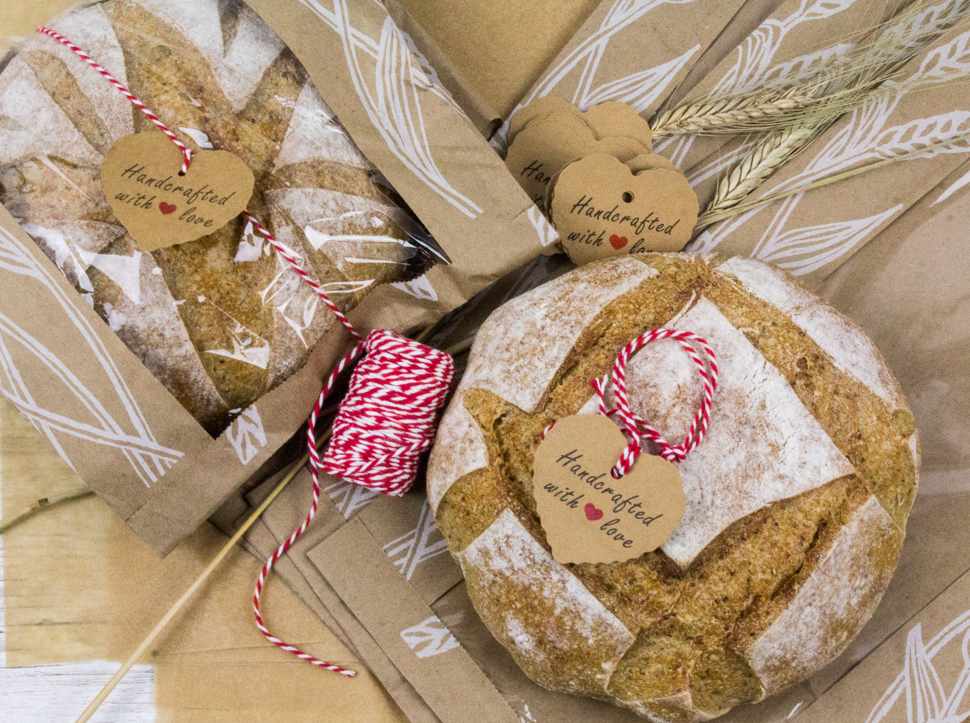 Round loaves in bread bags with Red/White Twine