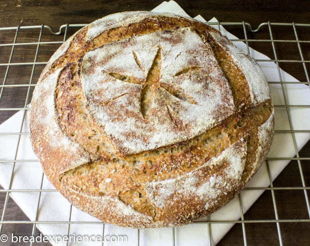 Rustic Pain au Levain cooling on a wire rack