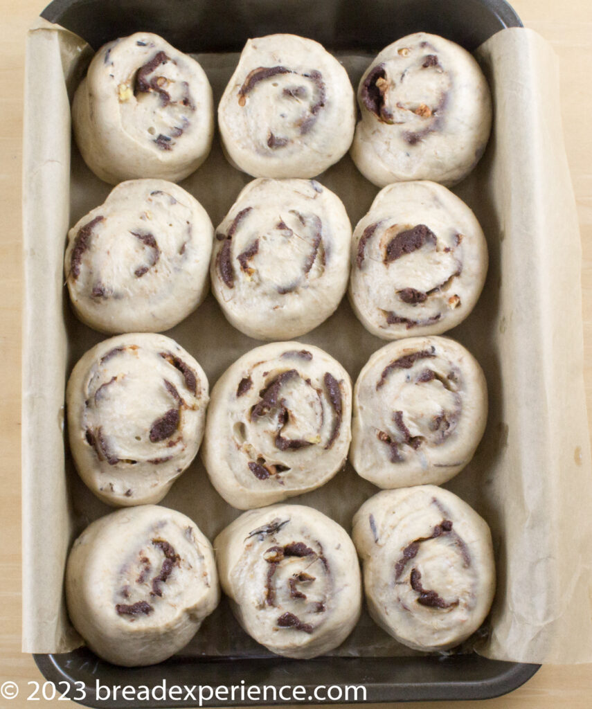 Sourdough Banana Spelt Sweet Rolls rising in pan