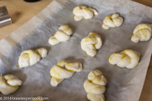Proofed sourdough garlic knots risen and ready for baking, spaced on parchment paper.
