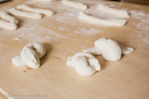 Close-up of sourdough dough strips tied into individual knots, dusted with flour.