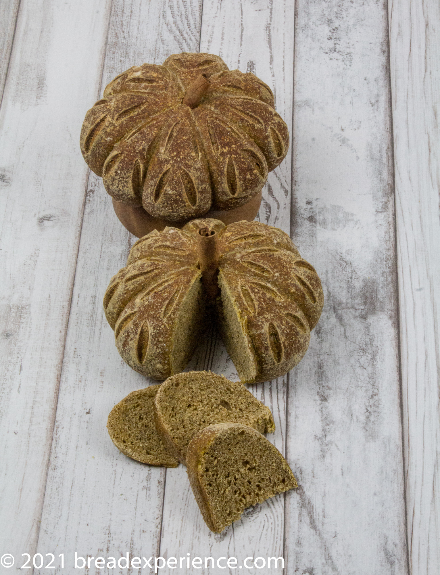 Crumb Shot of Rustic Pumpkin-Shaped Loaves 