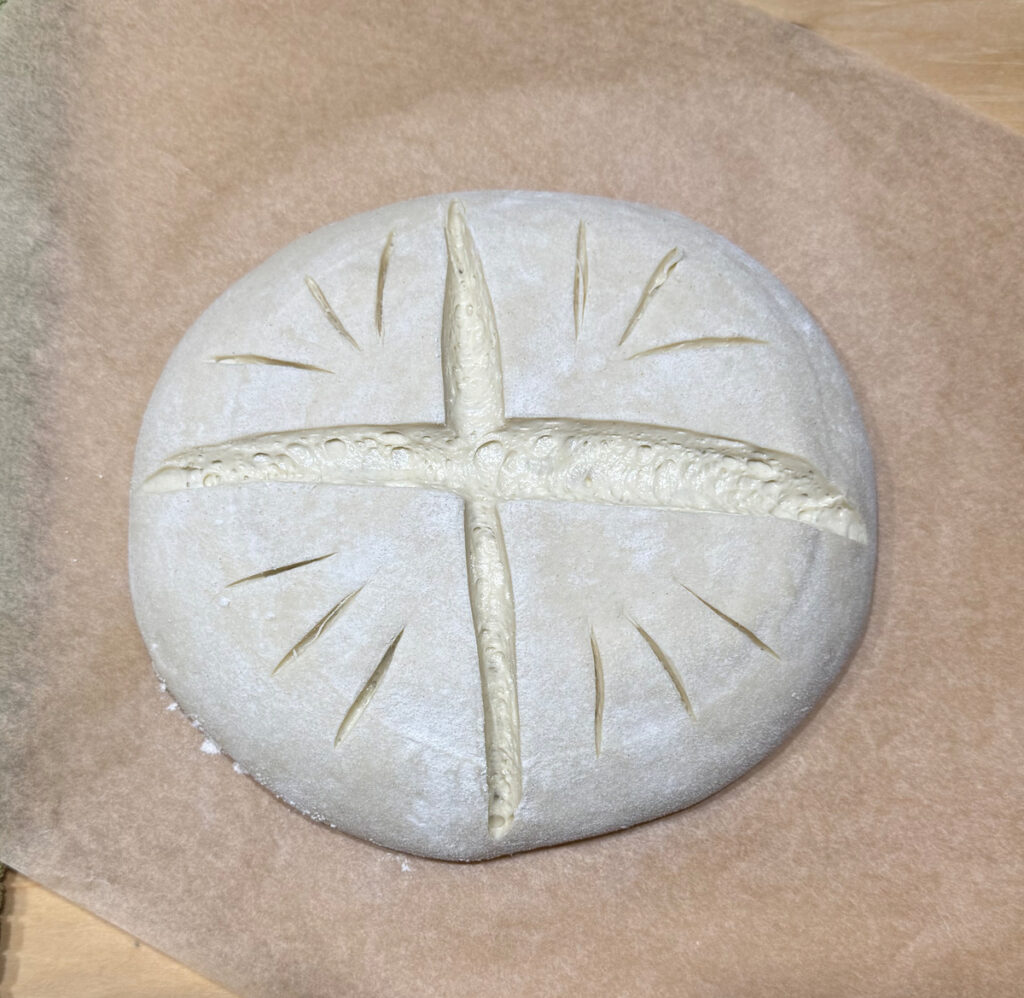 Simple Sourdough Loaf Scored and Ready to Bake