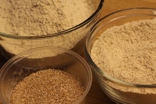 Sifted spelt flour, unsifted flour and spelt bran