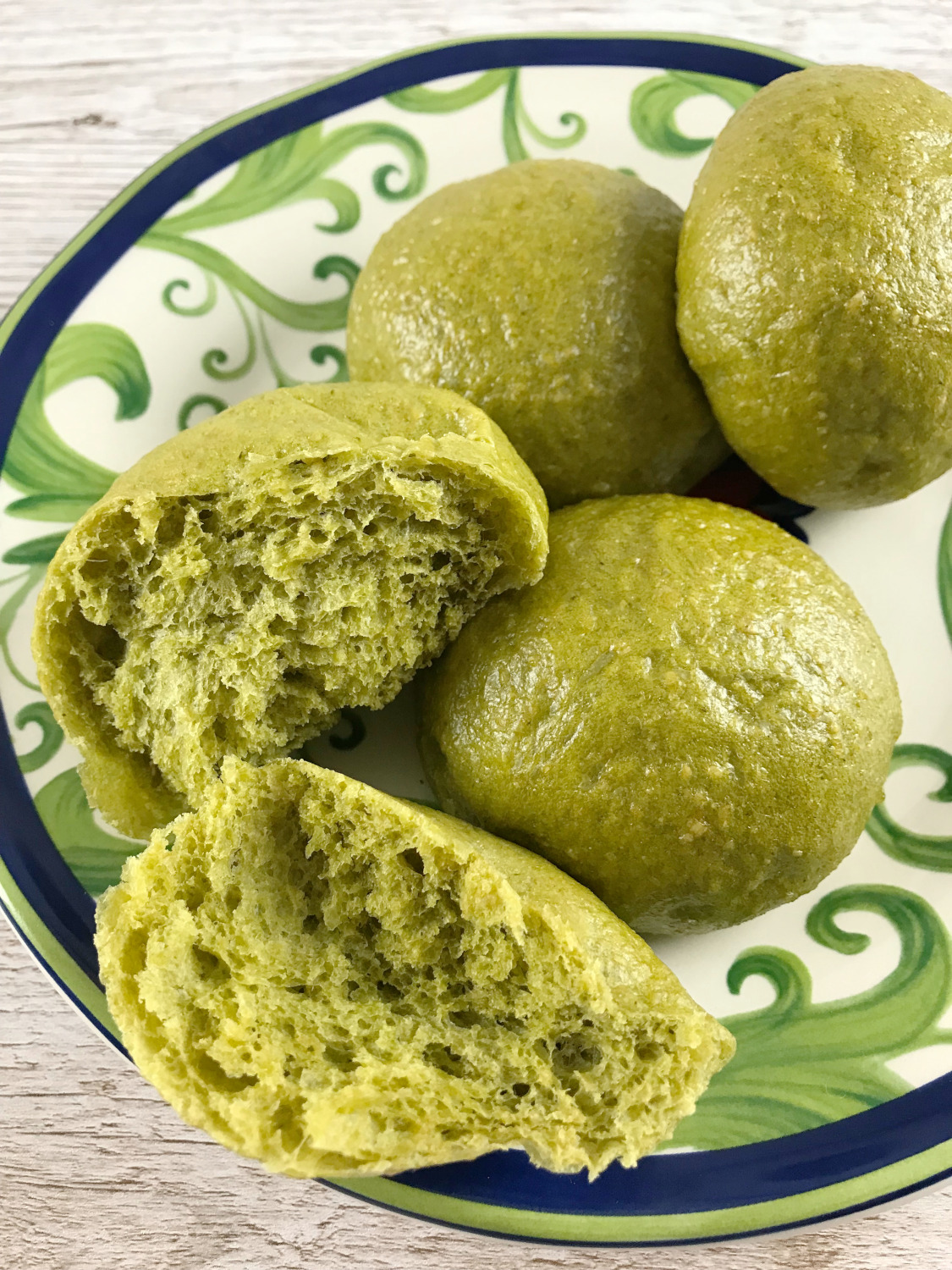 crumb shot of fluffy spinach buns