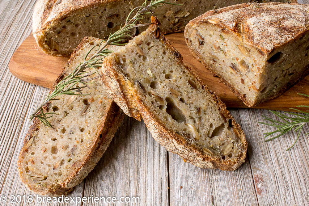Close up of Sliced Tartine-Style Sourdough Rosemary Polenta Loaf