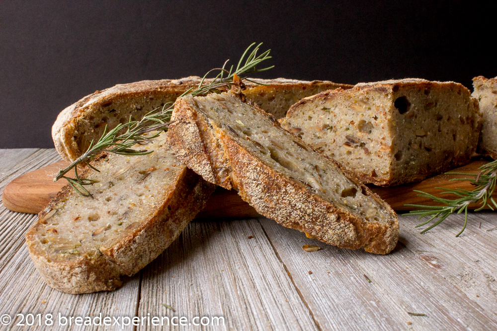 Sliced Tartine-Style Sourdough Rosemary Polenta Loaf