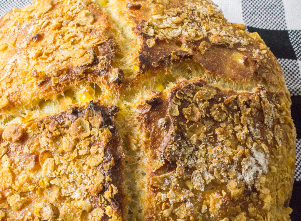 Yeasted Corn Flour Bread with crushed corn flakes on top